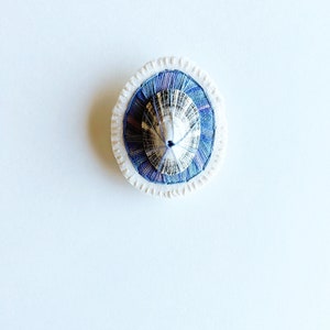 Hand embroidered brooch abstract design using dark lavender variegated threads limpet shell An Astrid Endeavor contemporary fiber jewelry image 4