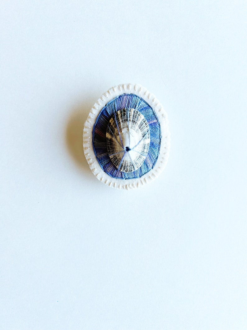 Hand embroidered brooch abstract design using dark lavender variegated threads limpet shell An Astrid Endeavor contemporary fiber jewelry image 4