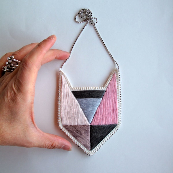 Colorblock embroidered pendant necklace with geometric design light pinks and grays with silver ball chain