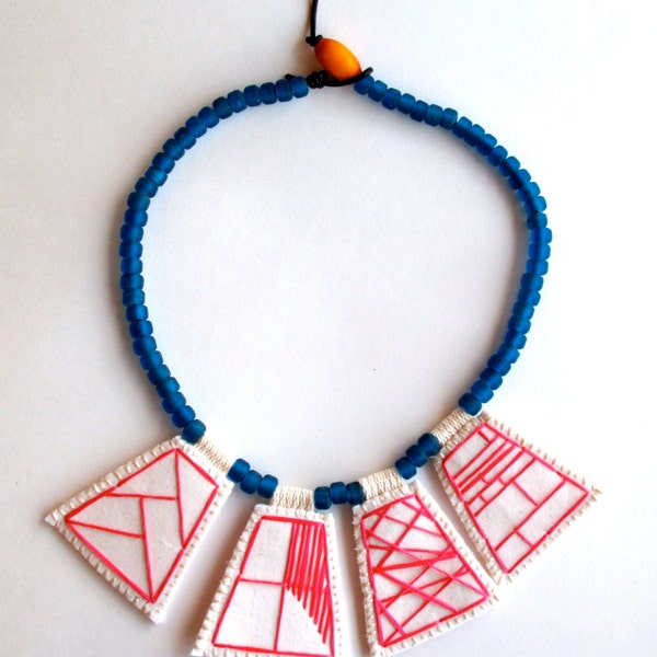 Embroidered necklace geometric hot pink pendants with blue Native American trade beads and Ethiopian amber toggle