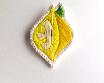 Lemon yellow brooch embroidered slice of lemon hand embroidered textile jewelry MADE TO ORDER