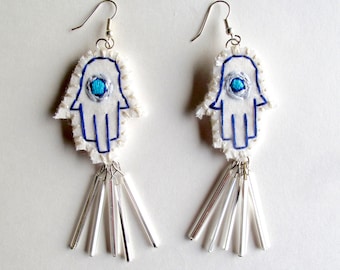 Hamsa embroidered earrings with long silver beads evil eye, Hand of Fatima, Hand of Mary, fiber jewelry An Astrid Endeavor good luck