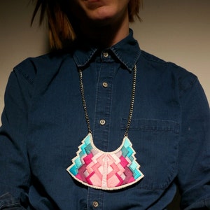 Statement pendant necklace geometric tribal art deco hand embroidered in beautiful pinks and blues modern jewelry MADE TO ORDER image 2