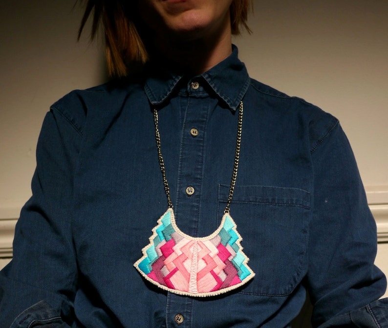 Statement pendant necklace geometric tribal art deco hand embroidered in beautiful pinks and blues modern jewelry MADE TO ORDER image 2