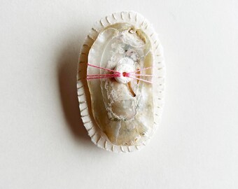 Hand Embroidered Shell Brooch: Pink Thread & Bead, Ocean Vibes