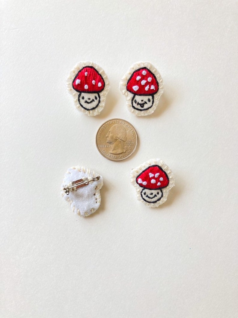 Hand embroidered mushroom brooch in red with white spots on cream muslin with felt backing Magic mushroom kawaii cute An Astrid Endeavor image 5