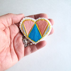 Hand embroidered heart brooch with geometric peach, blue gray and yellow on cream muslin An Astrid Endeavor love gifts denim flair image 3