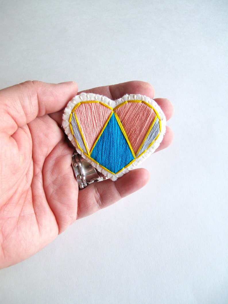 Hand embroidered heart brooch with geometric peach, blue gray and yellow on cream muslin An Astrid Endeavor love gifts denim flair image 3