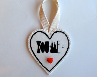 Embroidered heart ornament for Valentines day black and white with vintage red button modern valentine Valentines Sign