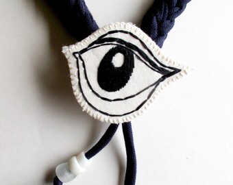 Hand embroidered eye brooch and statement necklace combo on long braided cording with vintage African glass beads An Astrid Endeavor