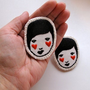 Hand embroidered brooch of lady with red hearts black and white An Astrid Endeavor kawaii cute listing is for ONE brooch image 3