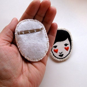 Hand embroidered brooch of lady with red hearts black and white An Astrid Endeavor kawaii cute listing is for ONE brooch image 4