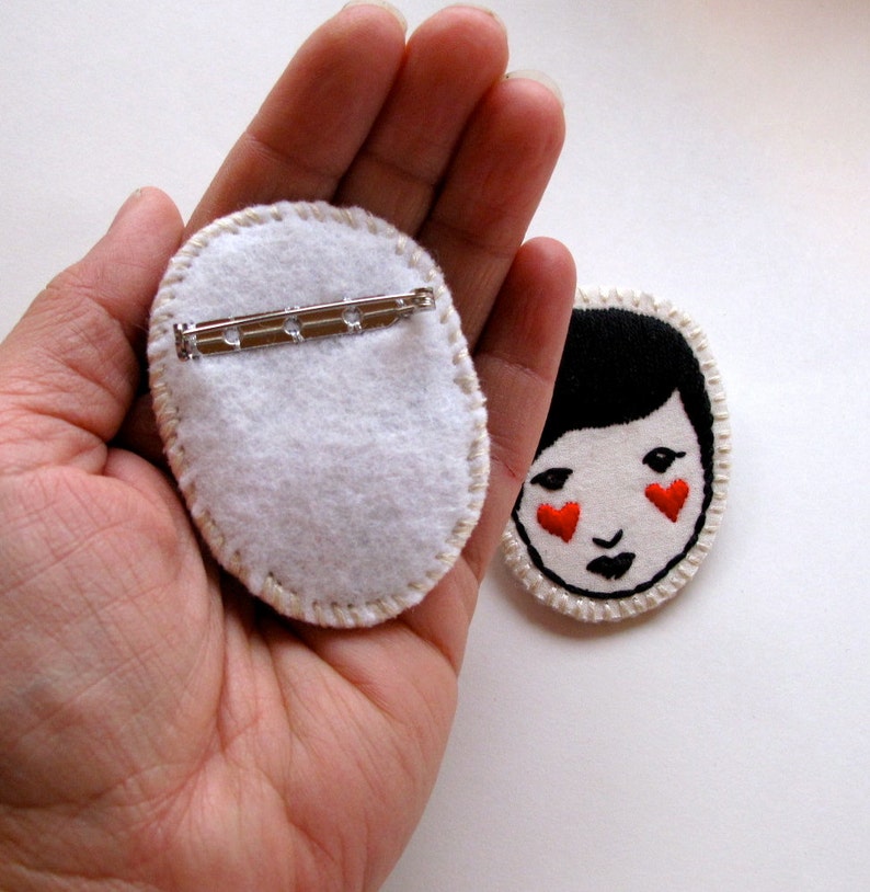 Hand embroidered brooch of lady with red hearts black and white An Astrid Endeavor kawaii cute listing is for ONE brooch image 4