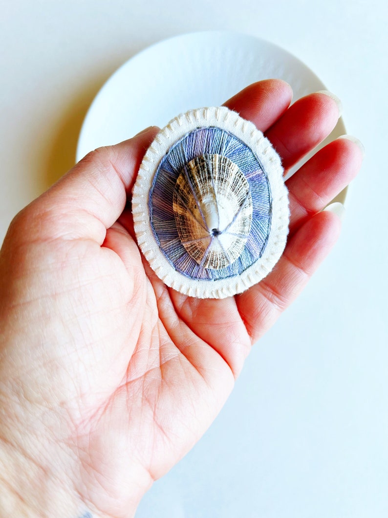 Hand embroidered brooch abstract design using dark lavender variegated threads limpet shell An Astrid Endeavor contemporary fiber jewelry image 2