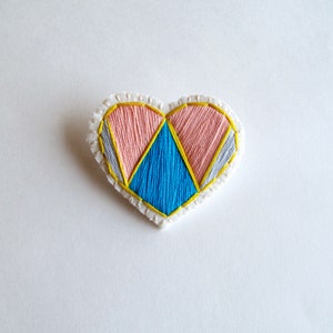 Hand embroidered heart brooch with geometric peach, blue gray and yellow on cream muslin An Astrid Endeavor love gifts denim flair image 2