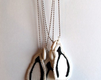 Wishbone necklace embroidered pendant on silver ball chain with cowrie shell