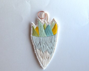 Abstract embroidered pendant beautiful greens, mints and yellow colors faux mineral and gem cluster