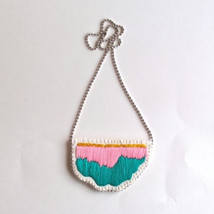 Embroidered abstract pendant necklace in colors of bright pink, emerald green and pretty yellow on a silver ball chain summer fashion