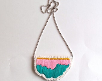 Embroidered abstract pendant necklace in colors of bright pink, emerald green and pretty yellow on a silver ball chain summer fashion