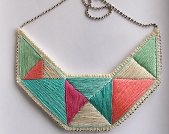 Embroidered necklace geometric bib triangles in beautiful colors of mint greens and pinks bold design