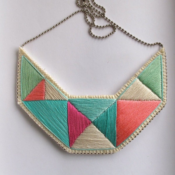 Embroidered necklace geometric bib triangles in beautiful colors of mint greens and pinks bold design