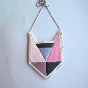 Colorblock embroidered pendant necklace with geometric design light pinks and grays with silver ball chain image 3