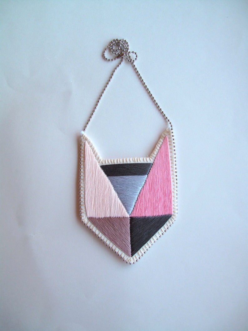 Colorblock embroidered pendant necklace with geometric design light pinks and grays with silver ball chain image 3