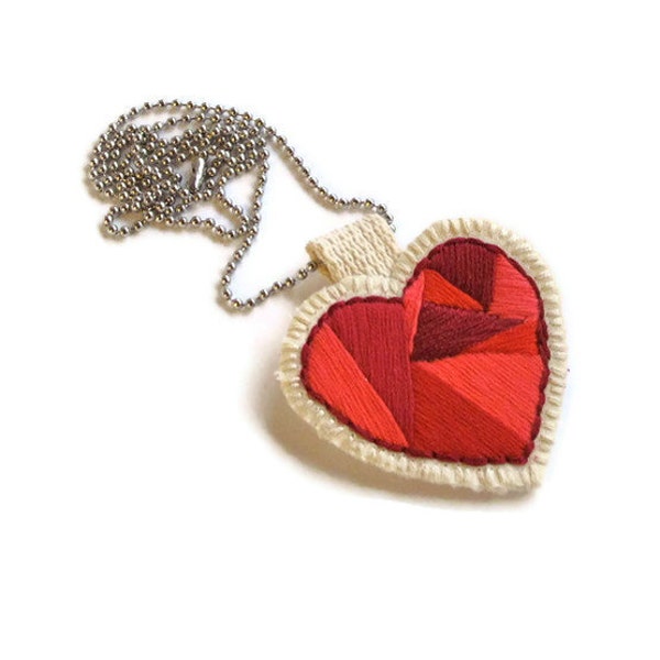 Valentine's Day heart necklace geometric handmade embroidered in reds on silver ball chain