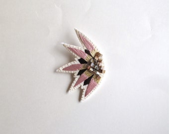 Hand embroidered brooch abstract starburst design with pink, pale yellow and brown colors with mother of pearl shell beads MADE TO ORDER