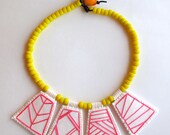 Geometric necklace embroidered hot pink pendants with bright yellow Native American trade beads with Ethiopian amber toggle