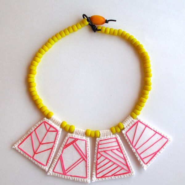 Geometric necklace embroidered hot pink pendants with bright yellow Native American trade beads with Ethiopian amber toggle