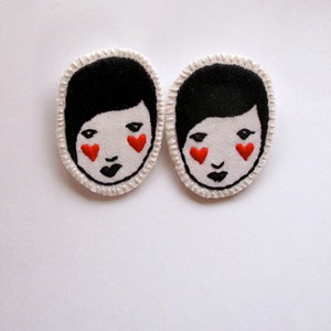Hand embroidered brooch of lady with red hearts black and white An Astrid Endeavor kawaii cute listing is for ONE brooch image 1