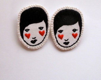 Hand embroidered brooch of lady with red hearts black and white An Astrid Endeavor kawaii cute listing is for ONE brooch