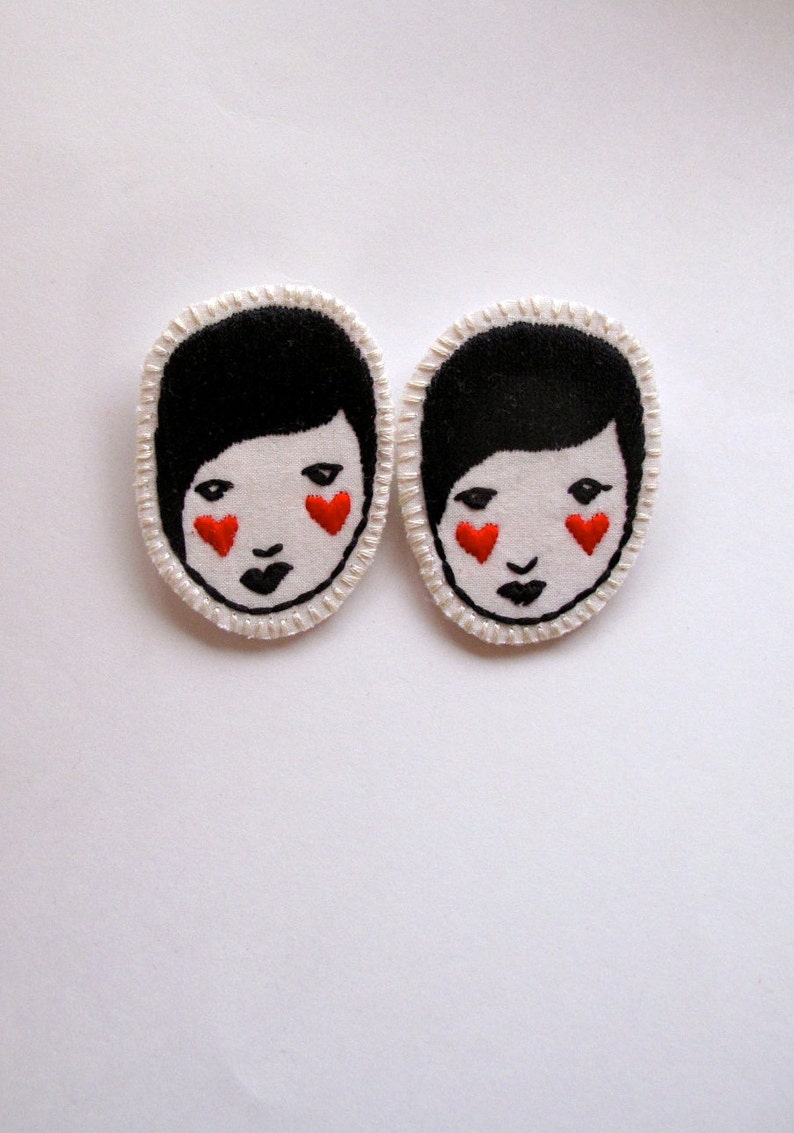 Hand embroidered brooch of lady with red hearts black and white An Astrid Endeavor kawaii cute listing is for ONE brooch image 1