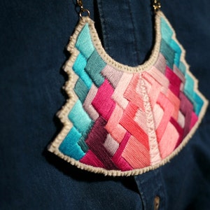 Statement pendant necklace geometric tribal art deco hand embroidered in beautiful pinks and blues modern jewelry MADE TO ORDER image 3