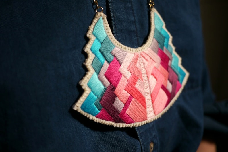 Statement pendant necklace geometric tribal art deco hand embroidered in beautiful pinks and blues modern jewelry MADE TO ORDER image 3