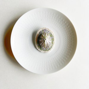 Hand embroidered brooch abstract design using lavender and green variegated threads and limpet shell An Astrid Endeavor fiber jewelry image 8