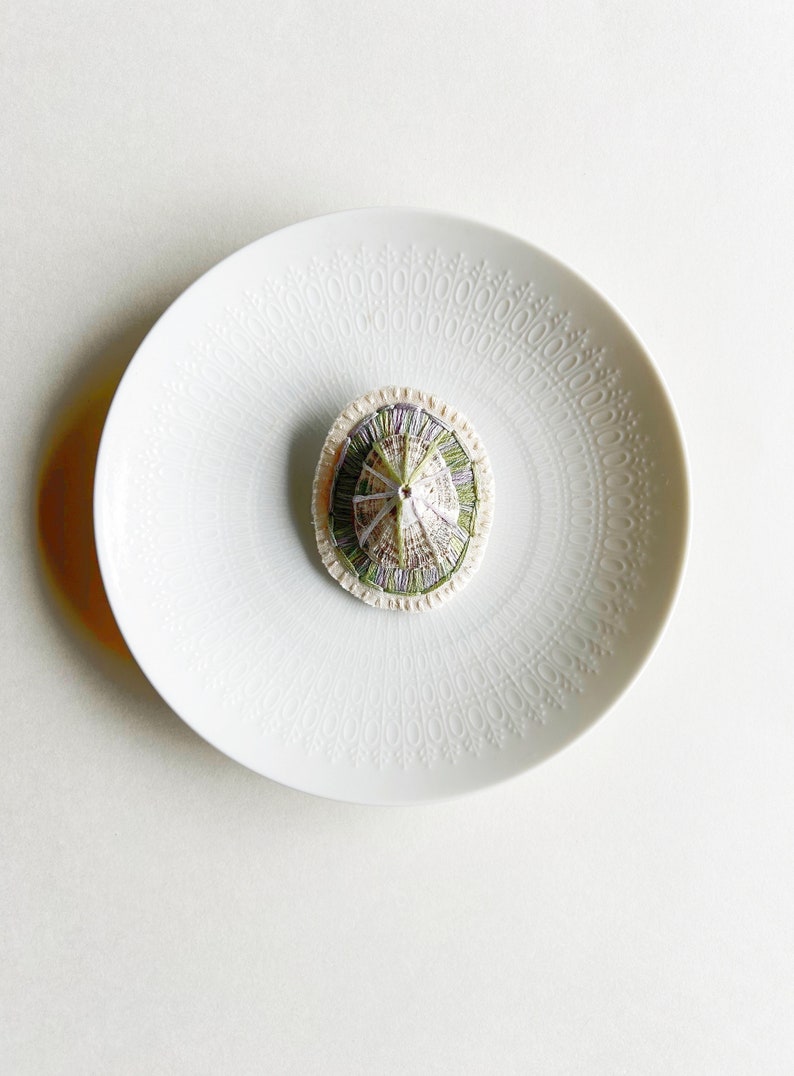 Hand embroidered brooch abstract design using lavender and green variegated threads and limpet shell An Astrid Endeavor fiber jewelry image 8