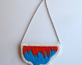 Embroidered necklace abstract pendant with bright red and blue on a silver ball chain perfect for Spring and Summer MADE TO ORDER