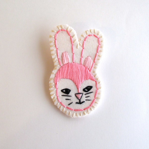 Easter bunny brooch hand embroidered jewelry in pink and black with gray listing is for ONE brooch Kawaii An Astrid Endeavor