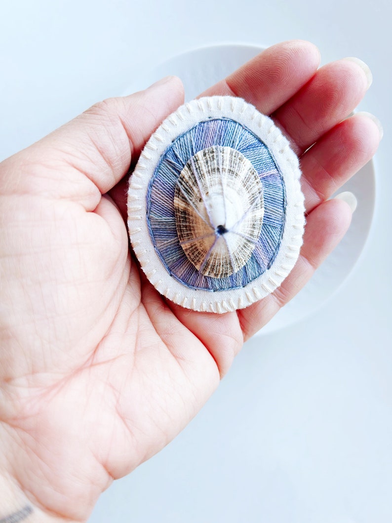 Hand embroidered brooch abstract design using dark lavender variegated threads limpet shell An Astrid Endeavor contemporary fiber jewelry image 5