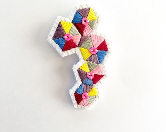 Hand Embroidered Brooch: Geometric Fiber Art Pin, Pink Beads