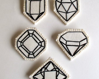 Geometric brooch hand embroidered faux gem outlined in black choose one wedding favors diamond jewelry April birthstone