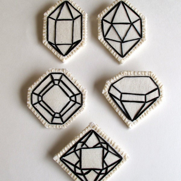 Hand Embroidered Geometric Brooch: Faux Gem, Black Outline