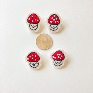 Hand embroidered mushroom brooch in red with white spots on cream muslin with felt backing Magic mushroom kawaii cute An Astrid Endeavor image 4