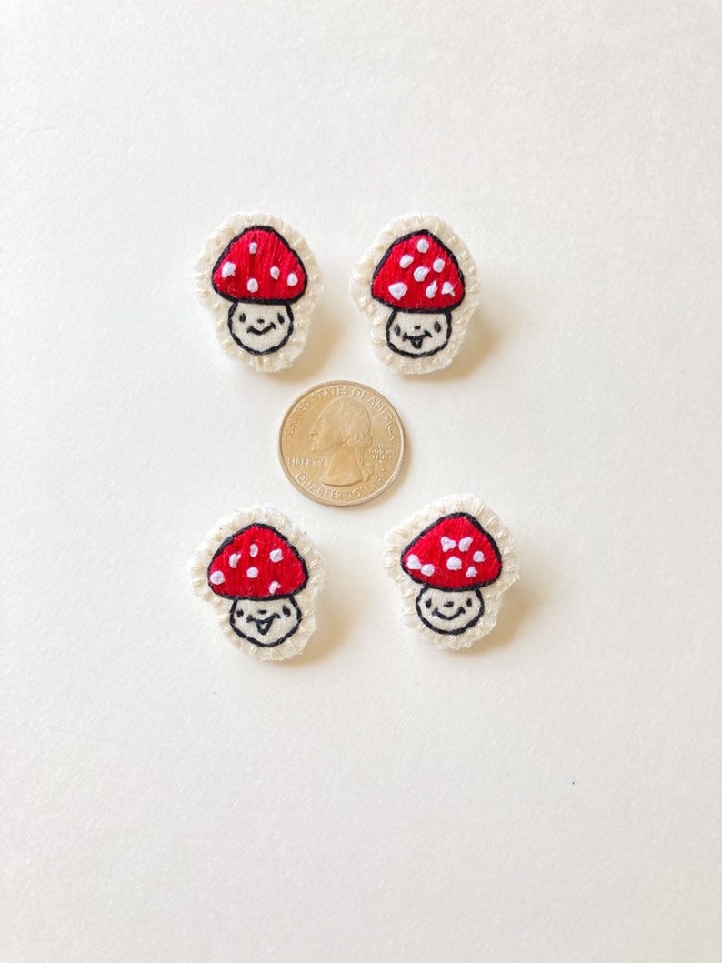 Hand embroidered mushroom brooch in red with white spots on cream muslin with felt backing Magic mushroom kawaii cute An Astrid Endeavor image 4