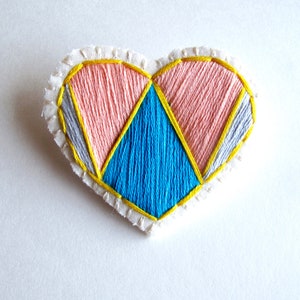 Hand embroidered heart brooch with geometric peach, blue gray and yellow on cream muslin An Astrid Endeavor love gifts denim flair image 1