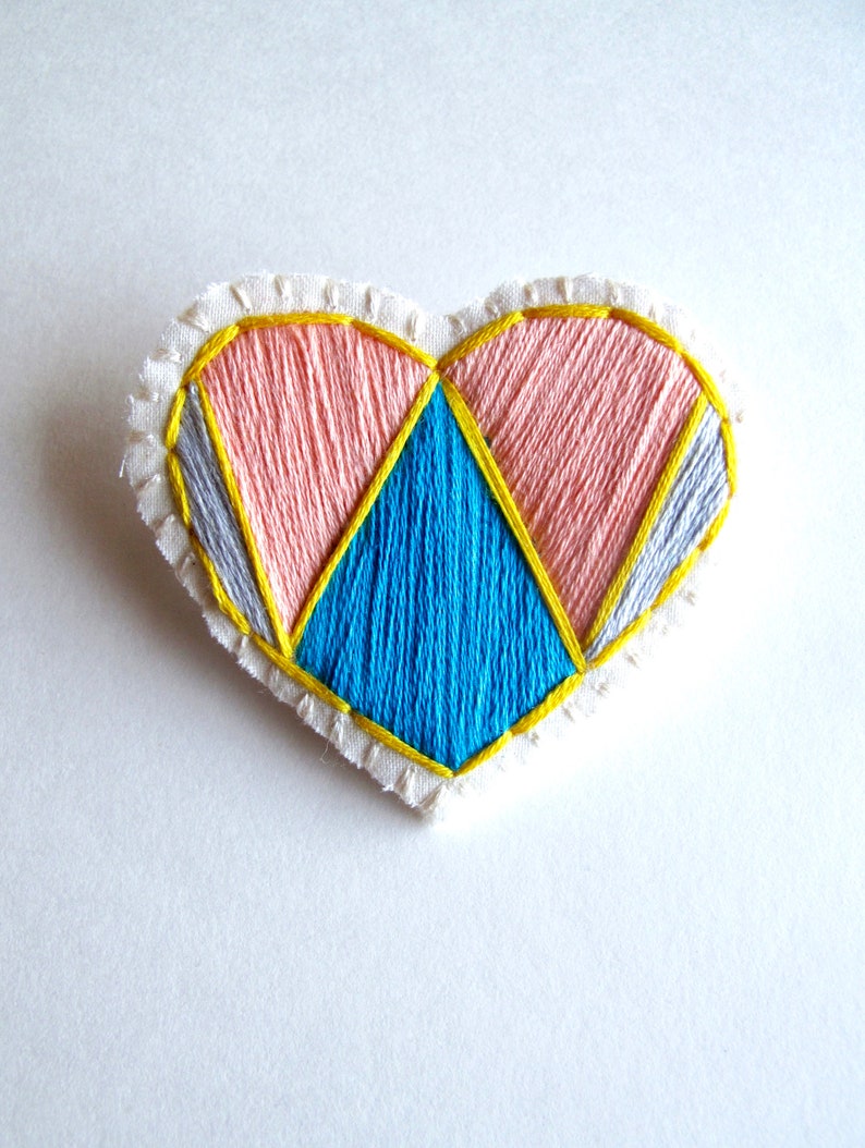 Hand embroidered heart brooch with geometric peach, blue gray and yellow on cream muslin An Astrid Endeavor love gifts denim flair image 1