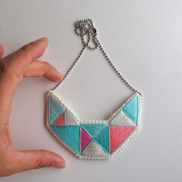 Embroidered necklace geometric small bib triangles in beautiful colors of mint greens and pinks bold design