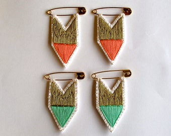 Triangle brooch embroidered in coral or green with gold on gold pin merit badge listing is for one pin